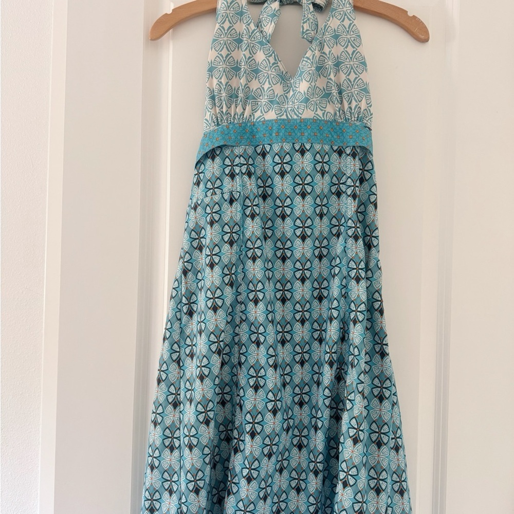 Athleta Blue Turquoise Patterned Backless Halter Dress